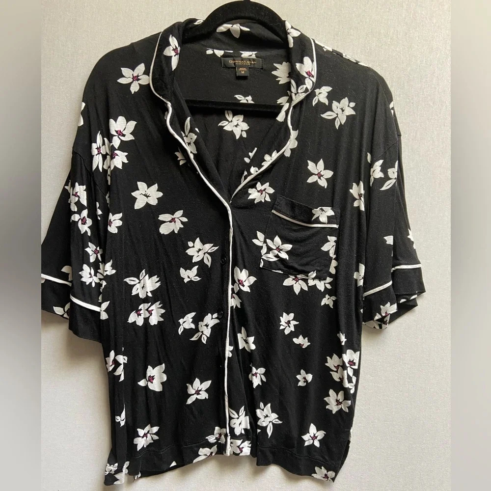 Donna Karan Floral Button Down 3/4 Sleeve Sleepwear Top Sz M